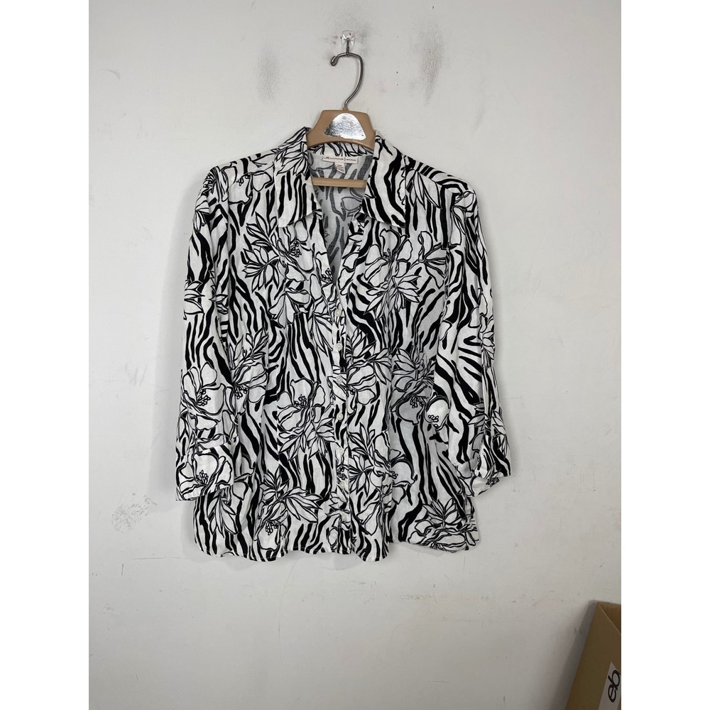 JM Collection Woman 100% Linen Shirt 22W Black White Floral Zebra 3/4 Sleeve Top